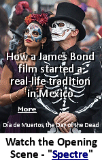 Sam Mendes, who directed the Bond film ''Spectre'', had the idea of depicting the Day of the Dead celebrations as a very spectacular parade with dancing and floats. The movie's Mexican creative team helped to create this amazing parade inspired by the traditional Day of the Dead decorations, dancing and music. It was so spectacular that when the film came out, the city was inspired to continue doing the parade. Each year since then, it's become more and more popular, with annual crowds of 300,000 or more.